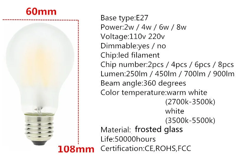 50 шт. светодиодный накаливания свет светодиодный лампы E27 E26 dimmable матовое стекло 2 Вт 4 Вт 6 Вт 8 Вт 110 В 220 В A60 Винтаж Эдисон лампа Теплый/белый