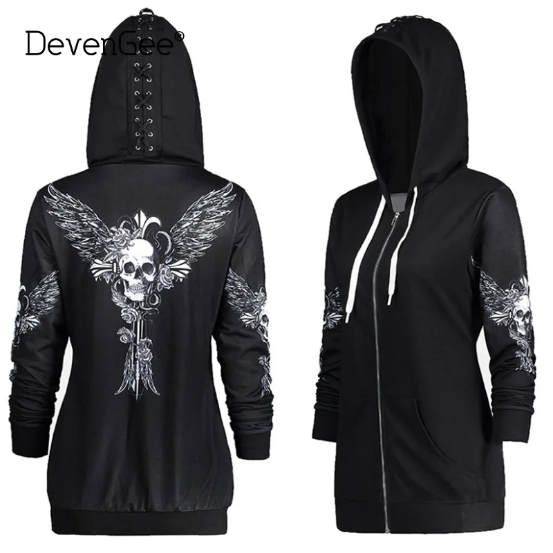 DevenGee, осенняя одежда Kpop, черные женские толстовки, кофты в стиле панк, с длинным рукавом, с принтом черепа, крылья, куртка с капюшоном, пальто на молнии