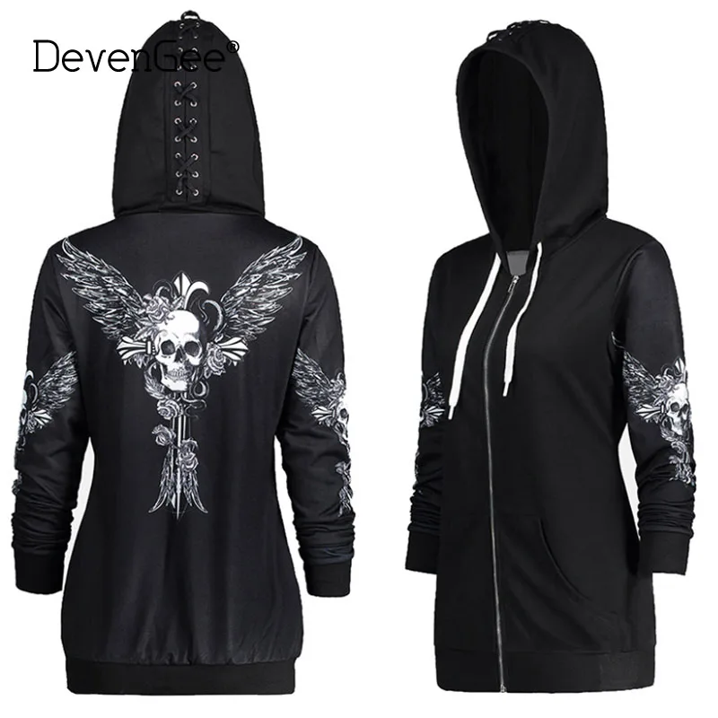 

DevenGee 2018 Autumn Kpop Clothes Black Women Hoodies Sweatshirts Punk Long Sleeve Skull Wings Print Hooded Jacket Zipper Coat