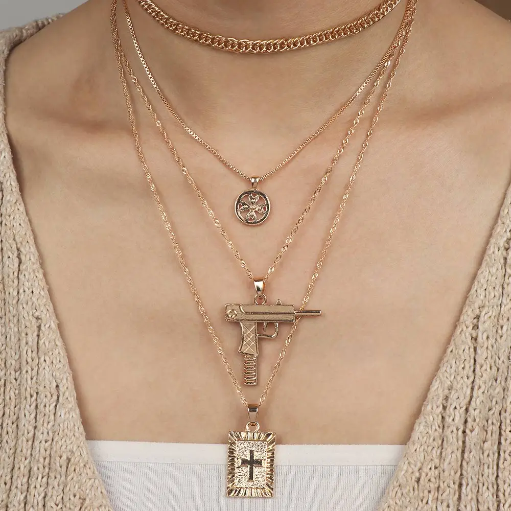 

Hip Hop Cross Tag Pendant Necklace For Women Multi-layered Link Chain Choker Necklace Collar Christ Choker Vintage Jewelry