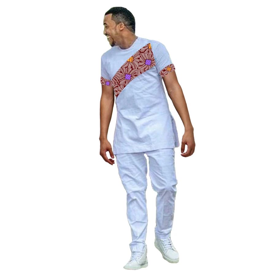 Модные африканские Для мужчин Костюмы разнотканные Топы + брюки комплекты Африка Стиль белый с принтом из 100 хлопка мальчиков короткий