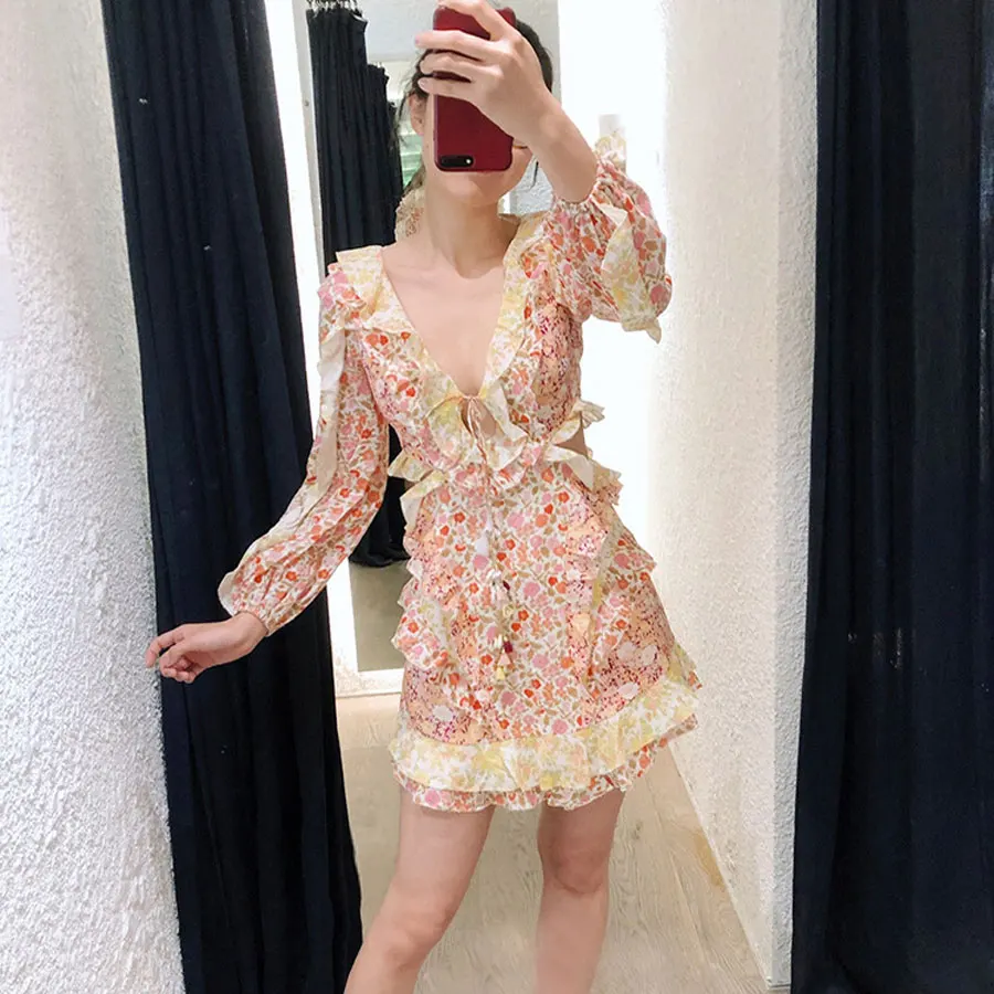 2019 New Arrival Women Dress Flower Printed Sexy V-neck Ruffled Dress Women Long Sleeve Holiday and Vocation Sexy Dress