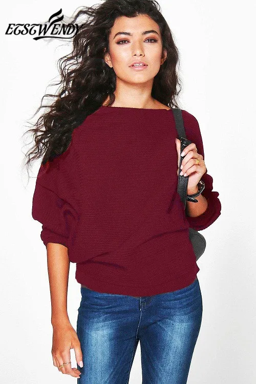 New Autumn Winter 2018 Casual Women Sweater Batwing Long Sleeve Knitted Sweater Solid Color Pullover Sweater Loose Cotton Tops