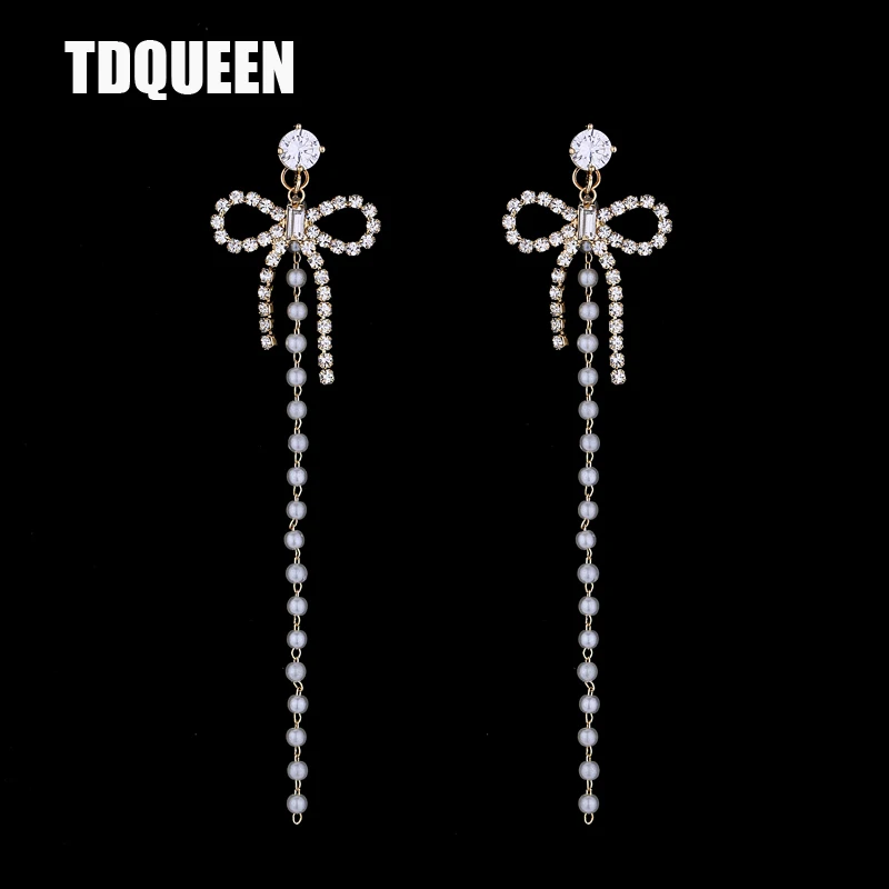 

TDQUEEN Bowknot Long Earring For Woman CZ Crystal Fashion Elegant Bridal Party Jewelry Pearl Chain Pendant Dangle Drop Earring