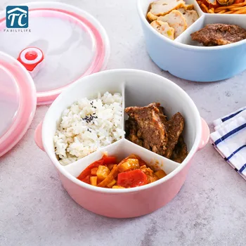 

Microwave Oven Lunch Box Ceramic Round Rice Bowl Seal Lid Separate Work Storage Bento Dinnerware Food Container Portable