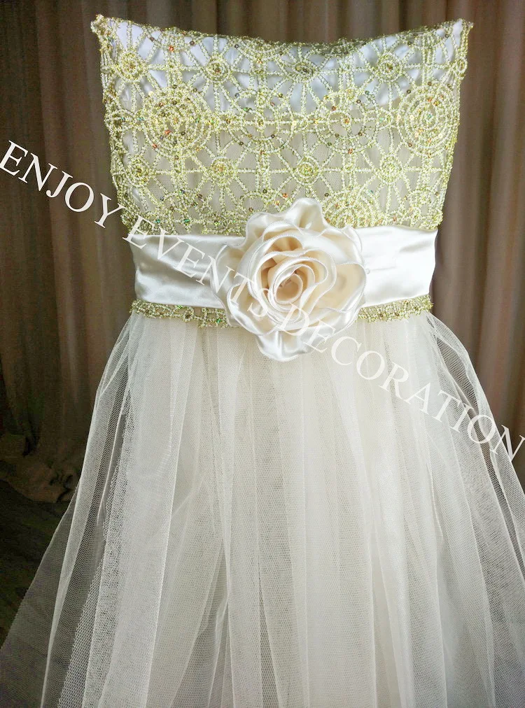 

2pcs YHC#152 gold elelgent chemical lace tulle skirt satin flower chiavari banquet wedding events chair back cover decoration