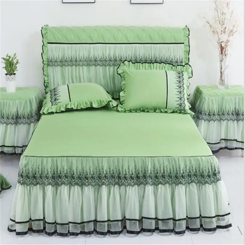 

high quality 3pcs slip-resist bedskirt set Princess bedspread and pillowcases single pc lace mattress protect cover bed cover