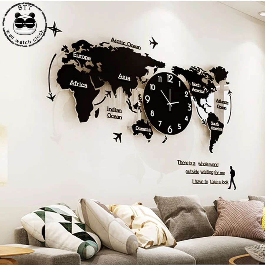 

120x55cm World Map Large Wall Clock Modern Design 3D Stickers Hanging Clock Mute Watch Shape Wall Clocks