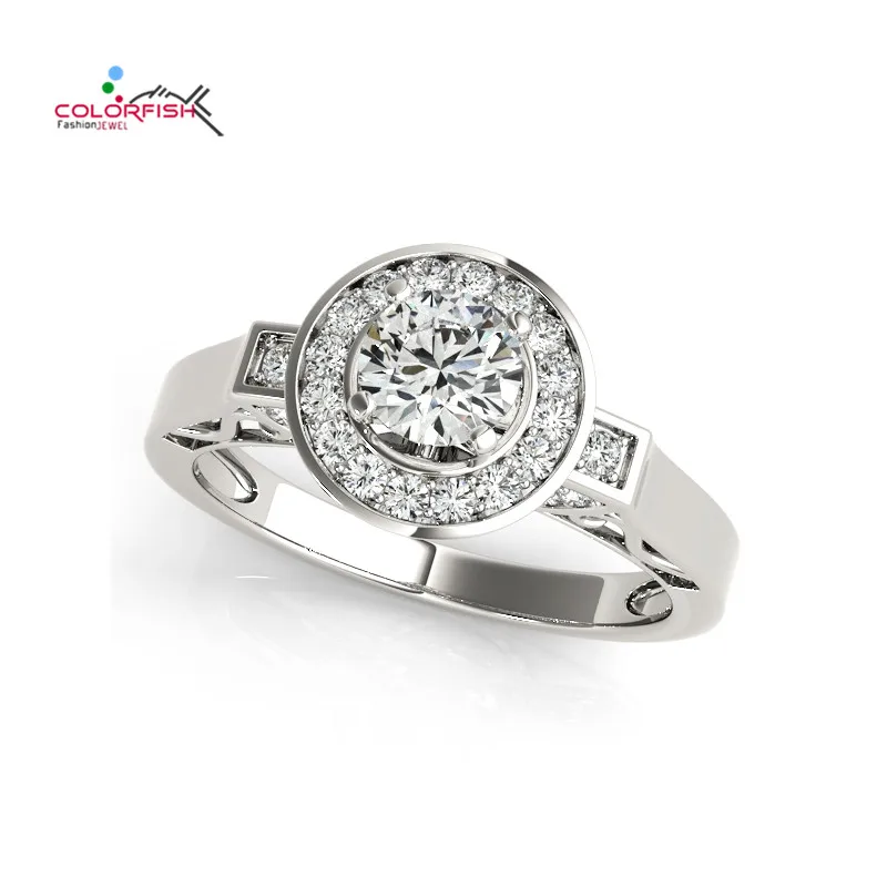 

COLORFISH Bezel Prong Set Halo Engagement Ring for Women Fashion Jewelry 925 Sterling Silver 0.4 CT Center Sona Wedding Ring