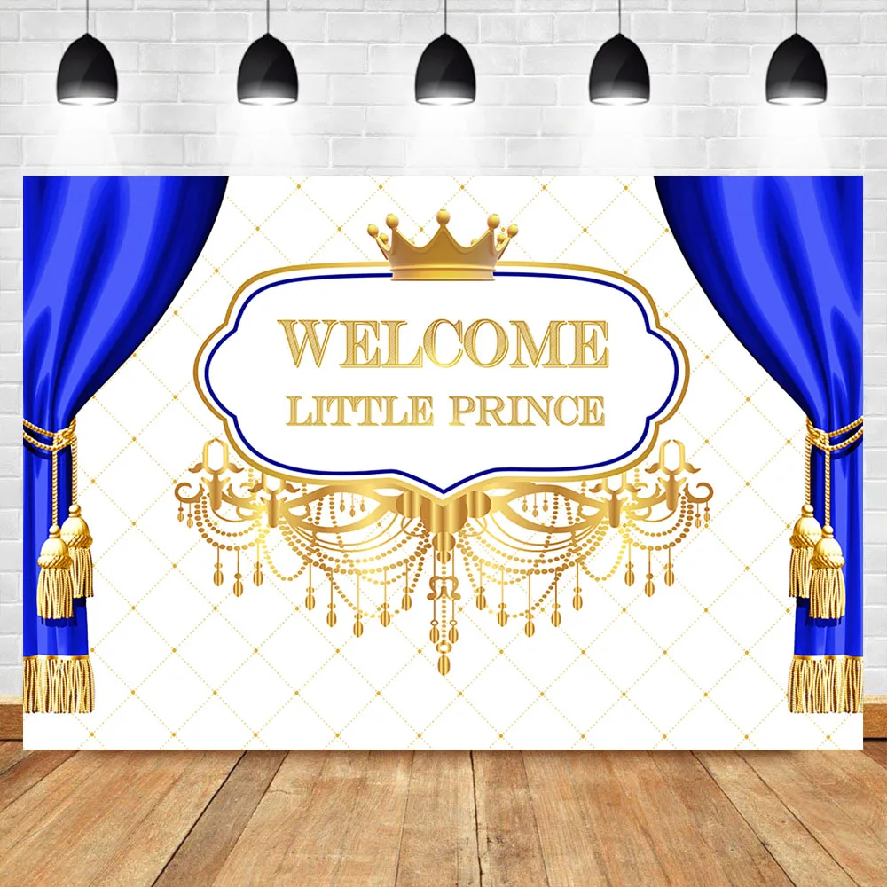 

NeoBack Royal Baby Shower Photography Backdrops Welcome Little Prince Sapphire Blue Curtain Photography Backdrops Studio Shoots
