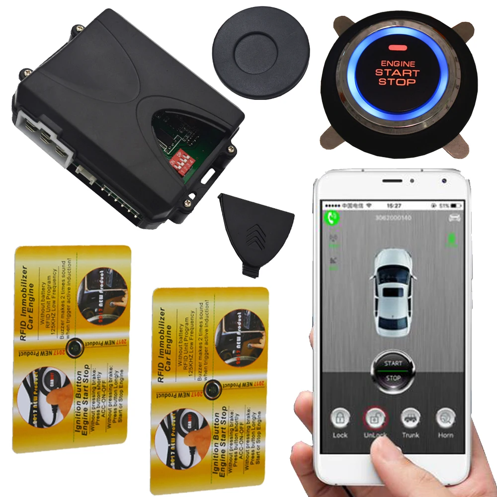 

mobile phone app rfid gps car alarm with auto ignition start stop button working with remote central lock system push start stop