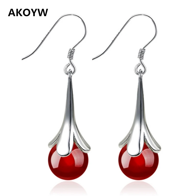 font b Silver b font plated ear hook black agate red flowers lovely ladies new