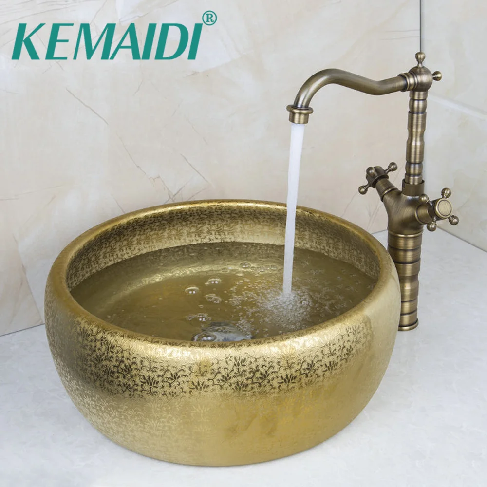 KEMAIDI Round Paint Golden Bowl Sinks / Vessel Basins With Washbasin