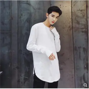 

2019 New high street loose long sleeve men t shirt solid color casual youth fashion round neck male tee shirts