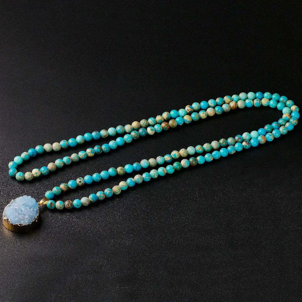 Natural Sea sediments 6MM Beads Imperial Stone With Druzy Pendent Charm Necklace For Women Men Unisex Jewelry Lover’s Gift