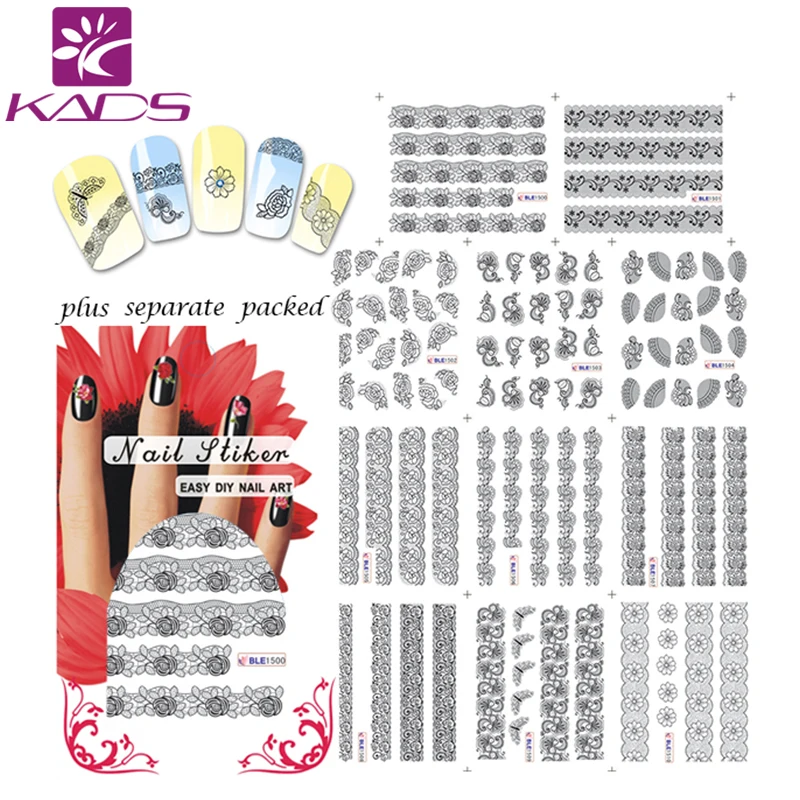

KADS 20PCS/LOT BLE1500-1510 The Thin Black Lace Nail Art Tips Stickers False Nail Design Manicure Decals Nail Art Water Nail