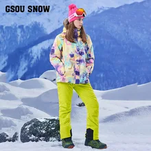 Gsou снег один и двойной Лыжный костюм волос воротник теплый ветрозащитный водонепроницаемый Пеший Туризм Лыжный костюм женский популярная