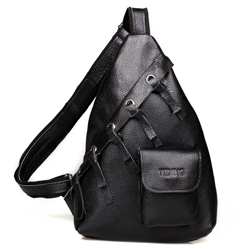 Sling Crossbody Chest Bag Black Genuine Leather Shoulder Bag Hiking ...