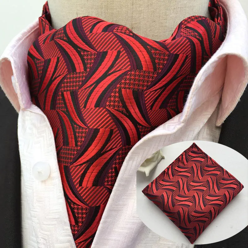 

LJT13-17 Mens Ascot Tie Pocket Square Set Classic Black Red Stripes Silk Necktie Cravat Tie Set Handkerchief Wedding Neck Ties
