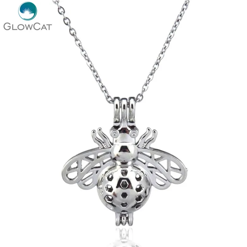 

K84 Silver 29mm Flying Wing Bee Diffuser Locket Necklace Bead Pearl Cage Chain Aroma Essential Oil Diffuser Locket