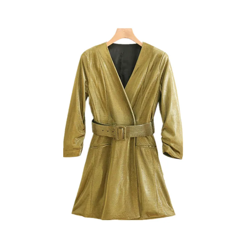 

Women Metal Shiny Sexy Party Wrap Dress Cross Deep V Neck Mini Dress Belted Club A-Line Short Elegant Dress Vestidos mujer