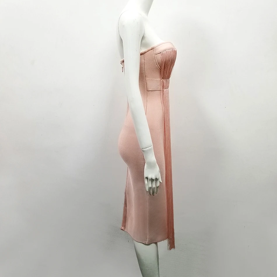 Сексуальное облегающее платье для вечеринки для ночного клуба Бандажное платье розовое летнее новое платье без бретелек с кисточками Vestidos модное платье знаменитостей для подиума