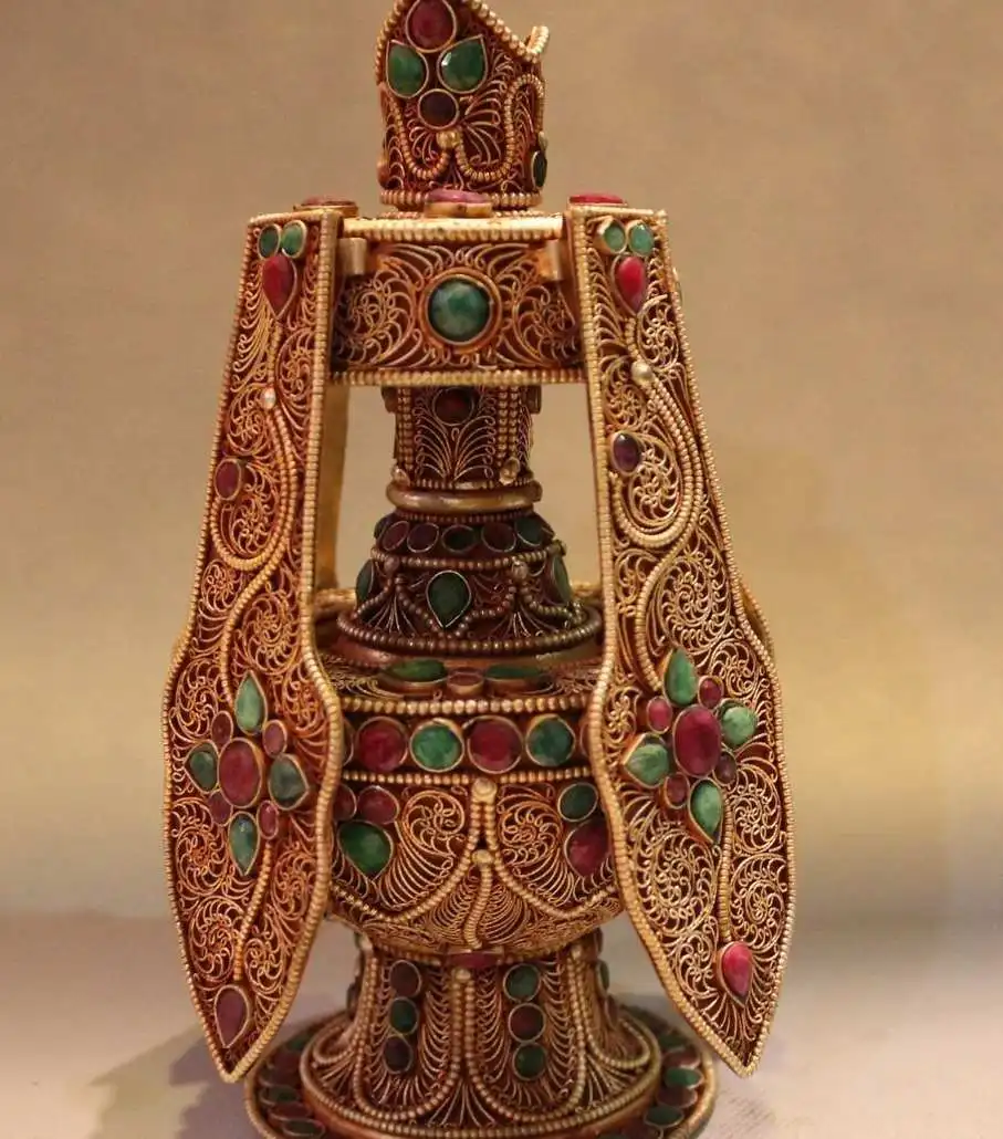 

7" Costful Chinese Tibet Silver 24 k Gold Gem Ruby Vase Pot Aquarius Statue