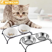 RFWCAK 2018 New Double Ceramics And Stainless Steel Pet Bowls For Cat Puppy Non-Slip Food Water Dual-use Feeding Dish Supplies