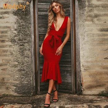 

2019 spring and summer bandage dress celebrity party pink red sleeveless sexy deep V-neck halter mermaid dress Bodycon Vestidos