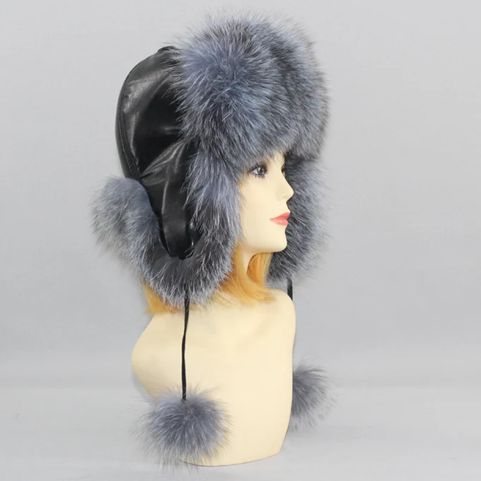 Genuin Fox Fur Hats Lady Real Fox Fur Lei Feng Cap for Russian Women Bomber Hats with Leather Caps Retail wholesale - Color: grey 2