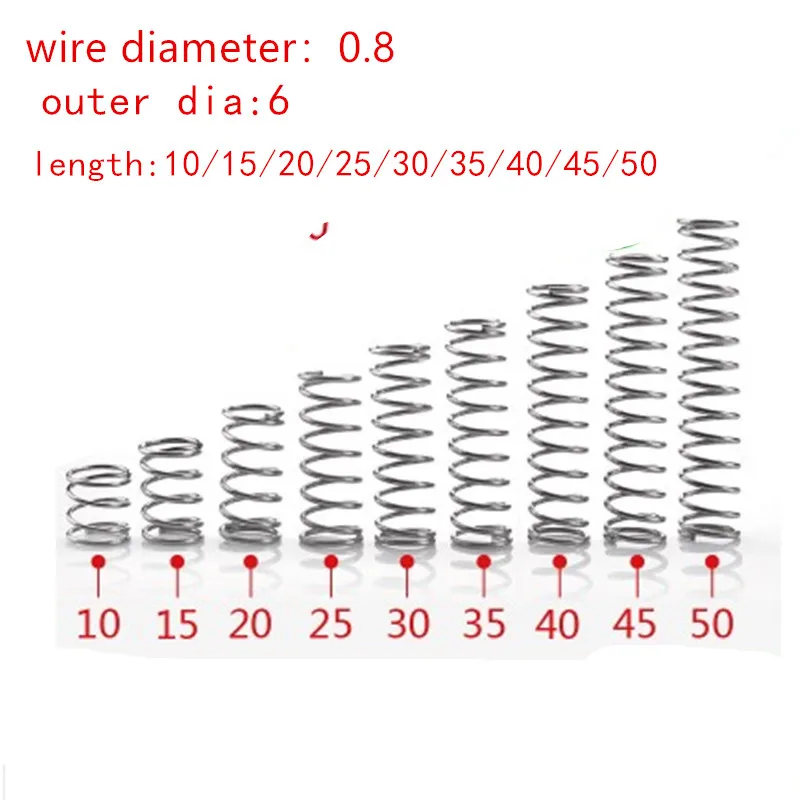 

20pcs/lot 0.8mm 0.8x6mm Stainless steel compression spring wire diameter 0.8mm outer diameter 6mm length 15-50mm