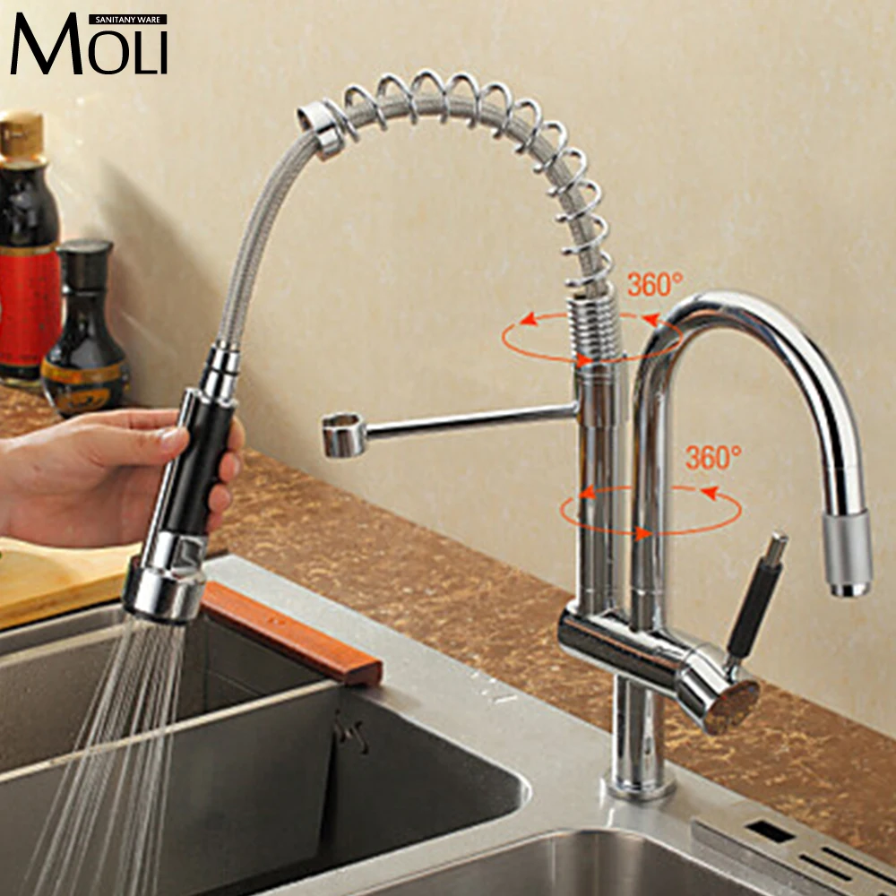 kitchen faucet with two spouts chrome brass swivel kitchen mixer pull out kitchen sink tap