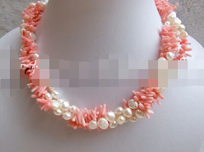 

FREE SHIPPING>>>@@ > N2507 3 strands white freefrom freshwater pearls and pink coral chip twist necklace