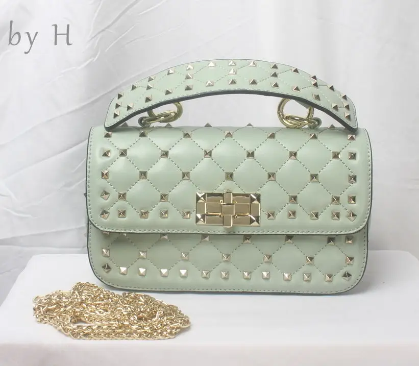 

by H luxury designers bag new summer color mint rivet shoulder bag day clutch 100% sheepskin womens messenger bag design handbag