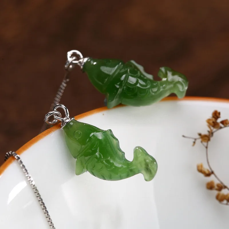 

Silver 925 Jewelry Fish Earring Line Natural Green Jade Ethnic Earrings For Women Fine Jewelry Boucles D Oreille Femme