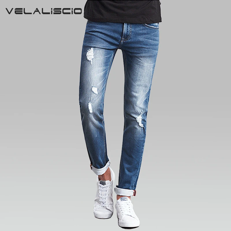 

VELALISCIO 2017 Jeans Spring summer Large Size Elastic Trend Hole Knitting Plus Fertilizer To Increase The Thin Feet Jeans Men
