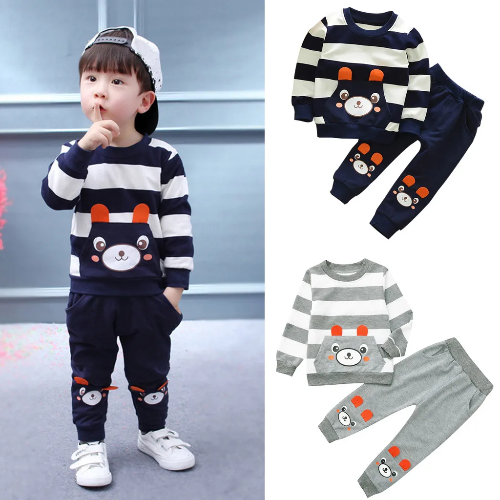 

Toddler Kids Baby Boy Cartoon Striped Bear Printed Tops Pants Outfits Set