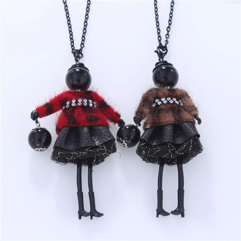 New Doll Necklace Women Feather Lace Skirt Black Alloy Pendants Necklaces Long Sweater Chain Charm Jewelry Party Gifts Collar