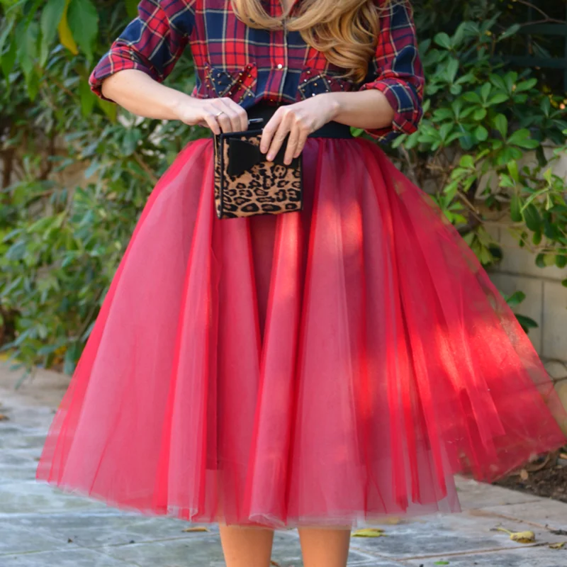 На заказ Тюлевая юбка женская кружевная шифоновая бальная Красная длина до колена Империя для девочек пачка плюс размер Тюлевая юбка s 5XL