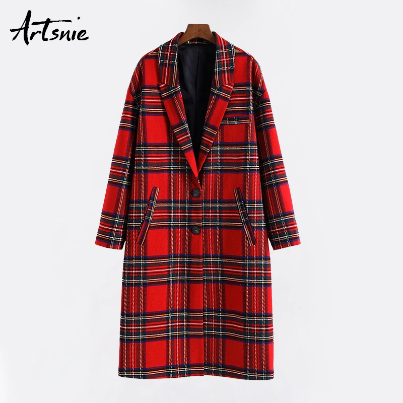 Artsnie осень красное клетчатое повседневное длинное пальто для женщин уличная одежда с длинным рукавом однобортное зимнее пальто Casaco Feminino
