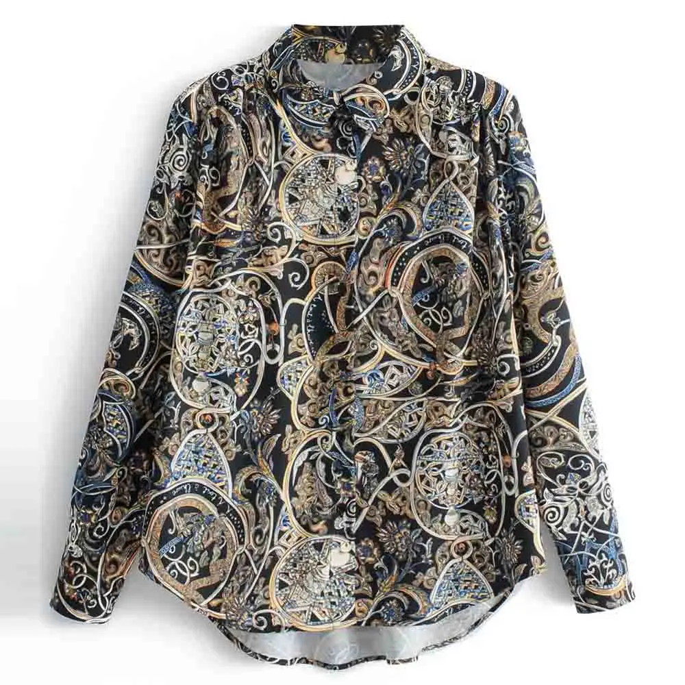 

FIRSTTO Vintage Baroque Palace Print Turn-down Collar Shirt Trendy Women Single-breasted Long Sleeve HI-LO Hem Blouse Top Blusas