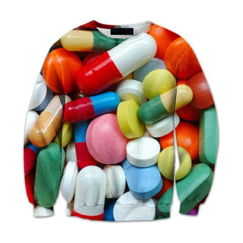 Men Sweatshirt 3D Pills Pullover Tracksuit Novelty Pill Print Hoodie Streetwear Mens Fitness