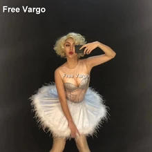 Hologram White Feather Rhinestones Jumpsuit Drag Queen Costumes Burning Man Women Party Stage Dance Showgirl Singer Outfit 