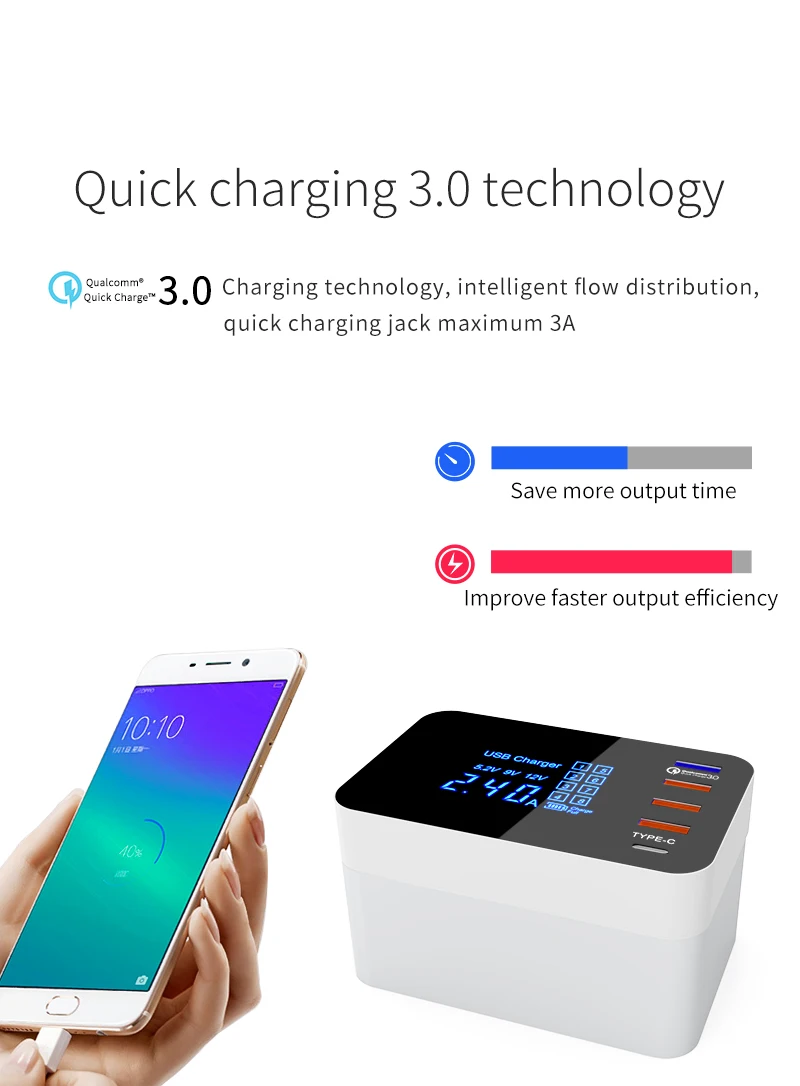 QI Беспроводное зарядное устройство Quick Charge 4,0 3,0 usb type C зарядное устройство со светодиодным дисплеем быстрое зарядное устройство для телефона USB адаптер настольная полоса