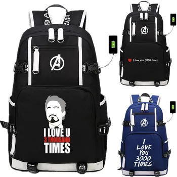 

Avengers I Love u 3000 times USB Port Backpack Bags Iron Man Father Laptop School Travel Students Book Bags Girls Boys Rucksack