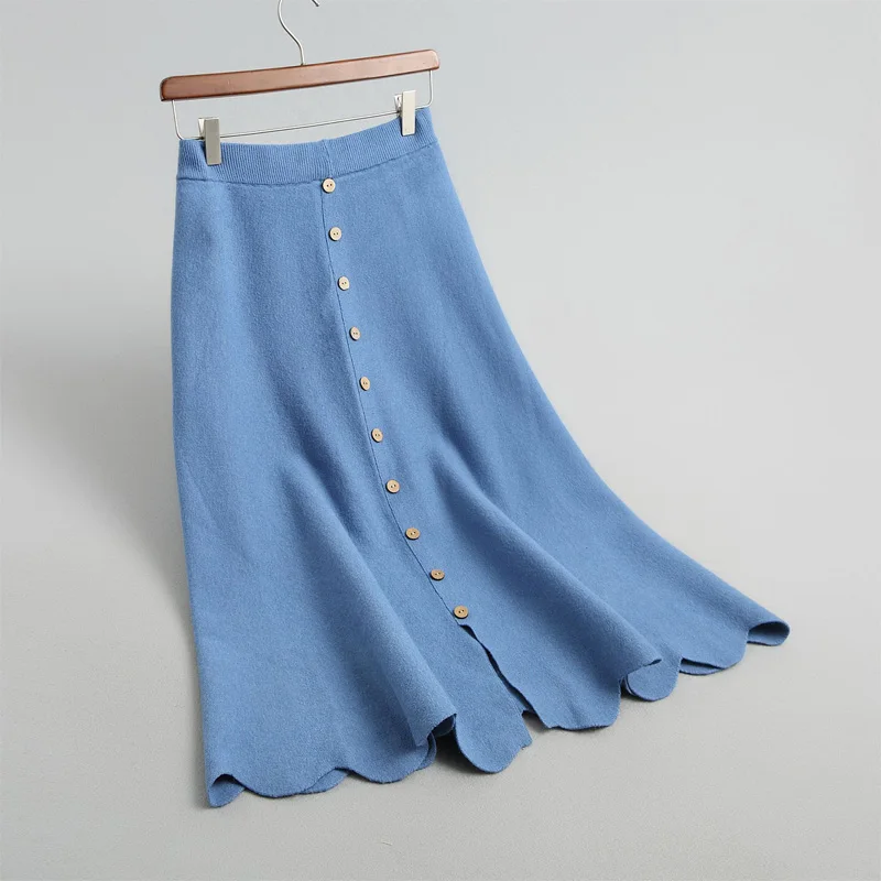 

Autumn women skirts casual solid color decorative buttons knit skirt