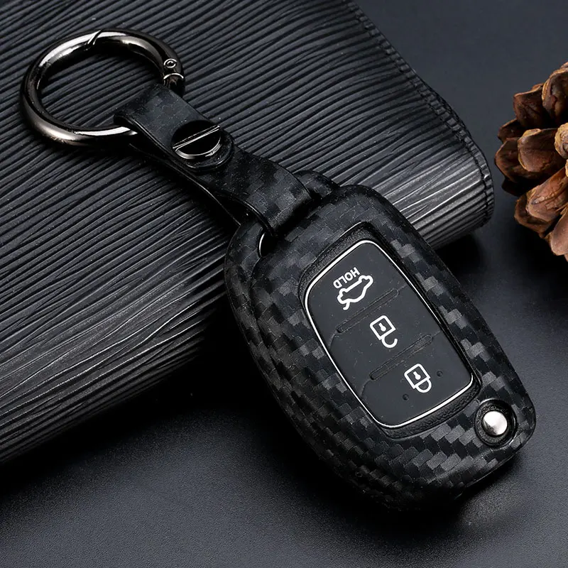 

WFMJ Black Carbon Fiber Silicone Flip Smart Remote Key Chain Cover Case for Hyundai Sonata Santa Fe Tucson Elantra ix35 ix45