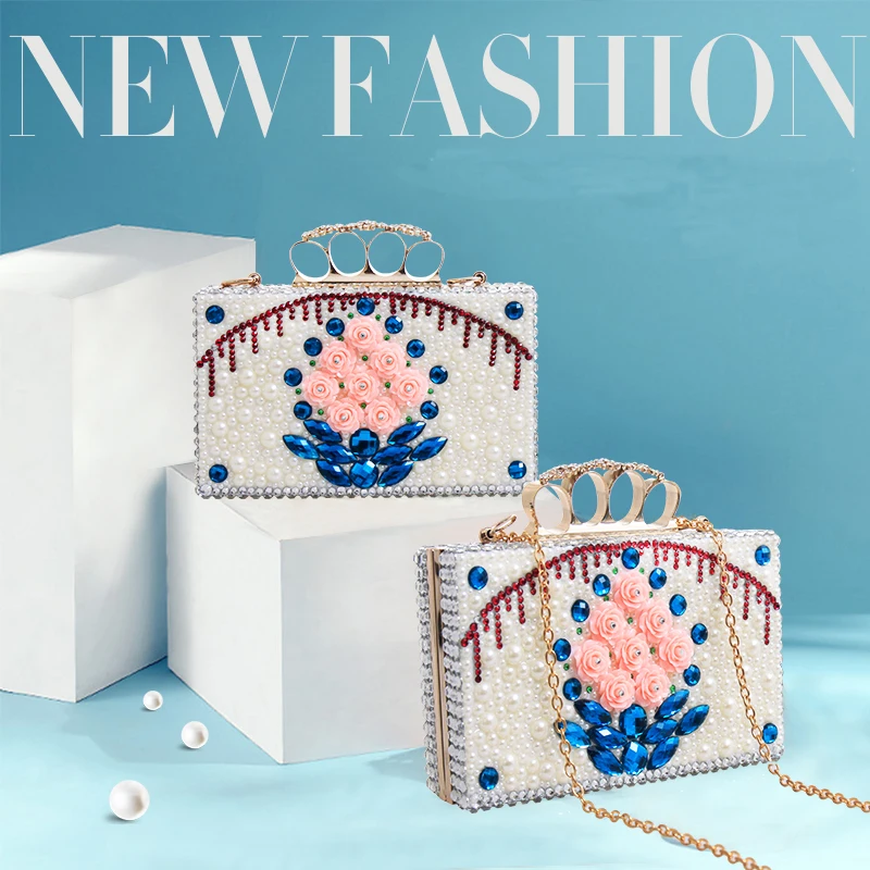 Custom Made Rose Flower Pearl Evening Bag Women Luxury Rhinestone Crystal Wedding Handbag Bride Dinner Bag Girl Party Bags