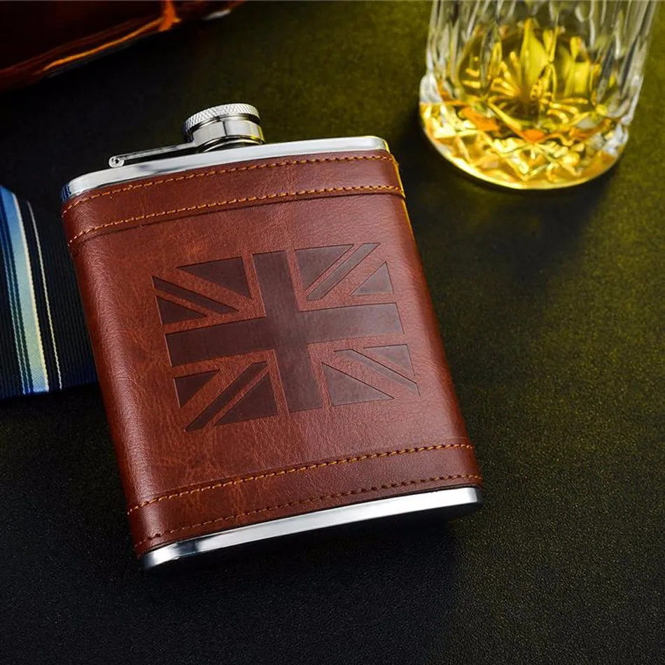 7OZ UK style stainless steel leather wrapped hip flask with free funnel