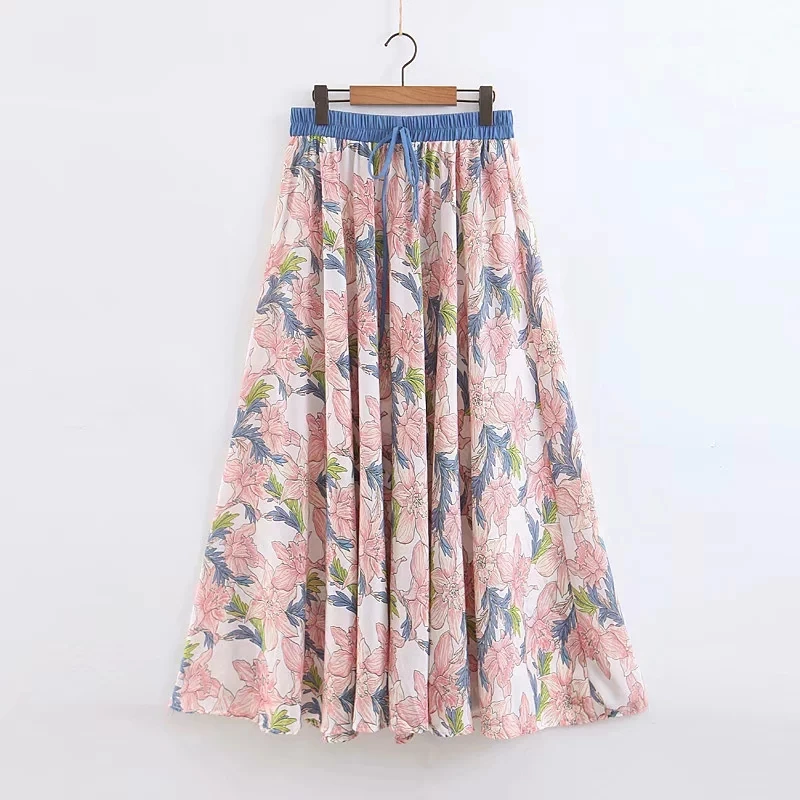 Klacwaya женские богемные миди юбки летние пляжные женские шикарные плиссированные розовые юбки корейские девочки цветочный принт юбка jupe femme